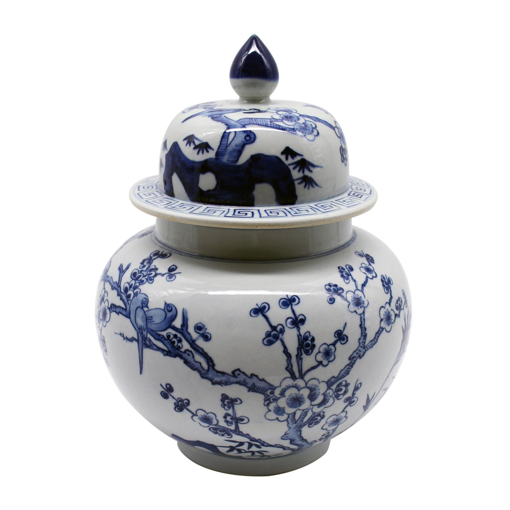 Blue and White Flower Bird Ginger Jar Small