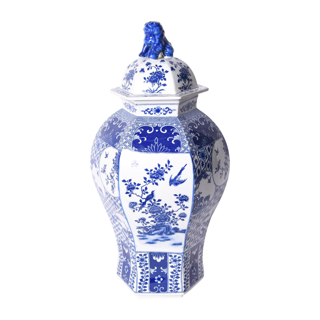 Blue and White Hexagonal Floral Bird Medallion Temple Jar