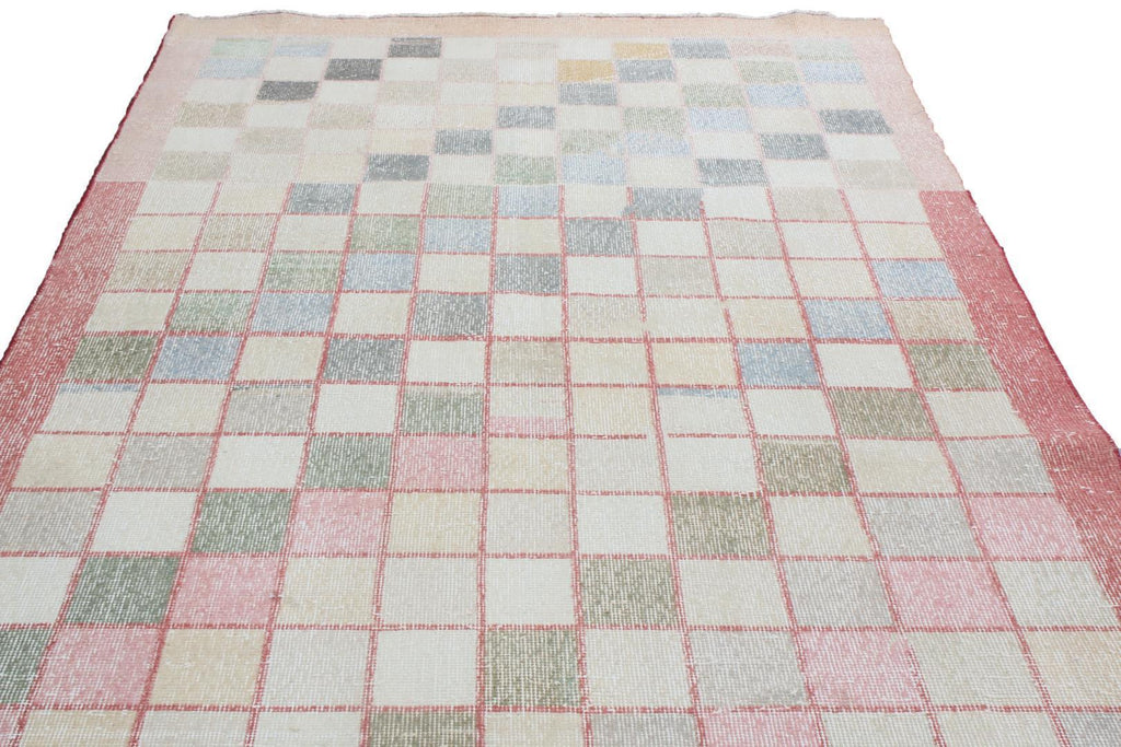 Vintage Mid Century Geometric Pink And Green Wool Rug 13751