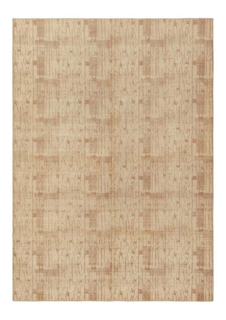 1960S Distressed Art Deco Rug In All Over Beige-Brown Geometric Pattern