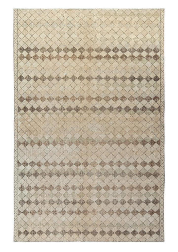 1960S Vintage Art Deco Rug In Beige-Brown Lattice Diamond Pattern