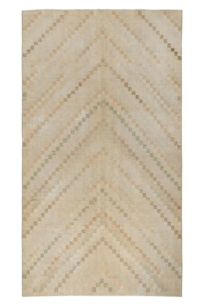 1960S Vintage Art Deco Rug In Beige-Brown, Green And White Chevron Pattern