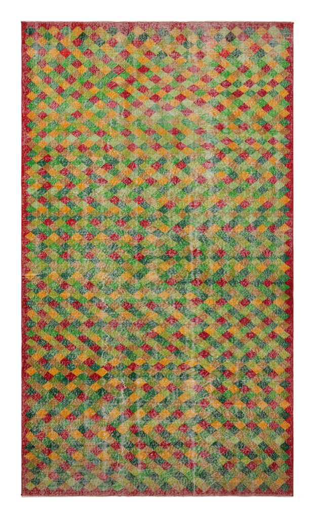 1960S Vintage Art Deco Rug In Green, Yellow, Red Distressed Geometric Pattern