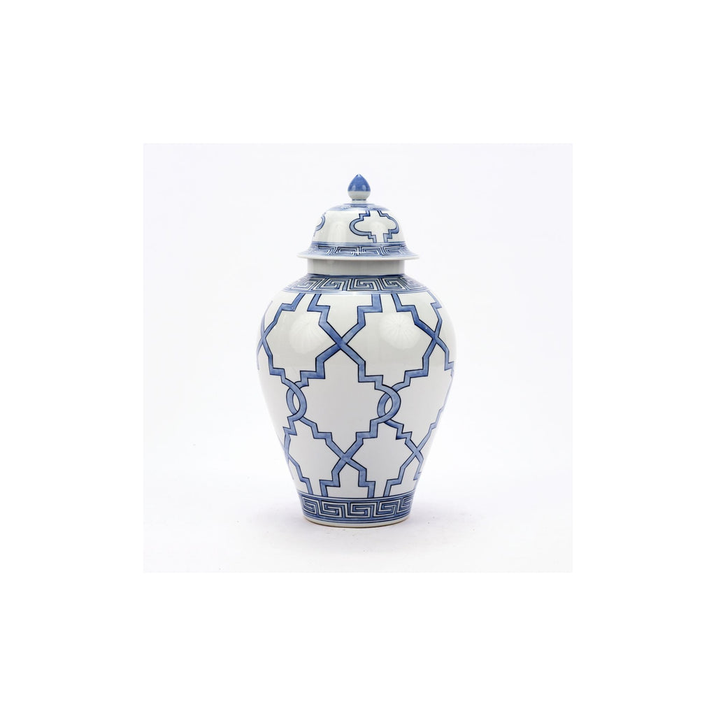 Blue And White Greek Key Grids Porcelain Temple Jar