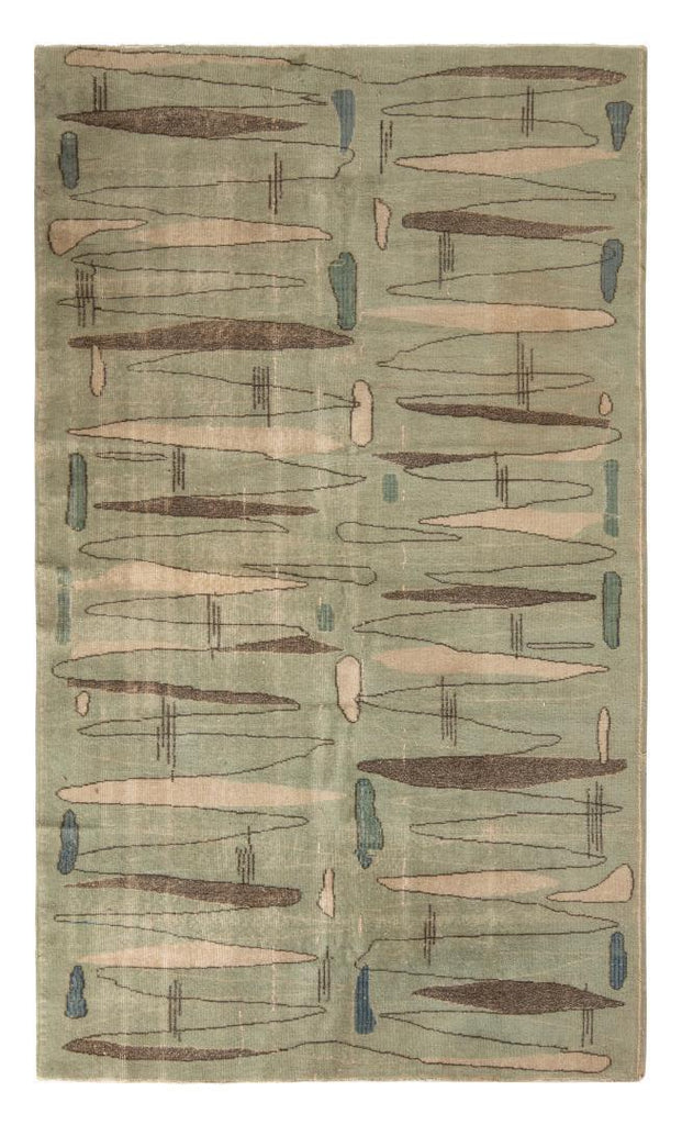 Hand Knotted Vintage Deco Rug In Green Beige Brown Geometric Pattern