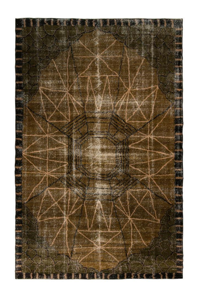 Hand Knotted Vintage Art Deco Rug In Brown Black Geometric Pattern