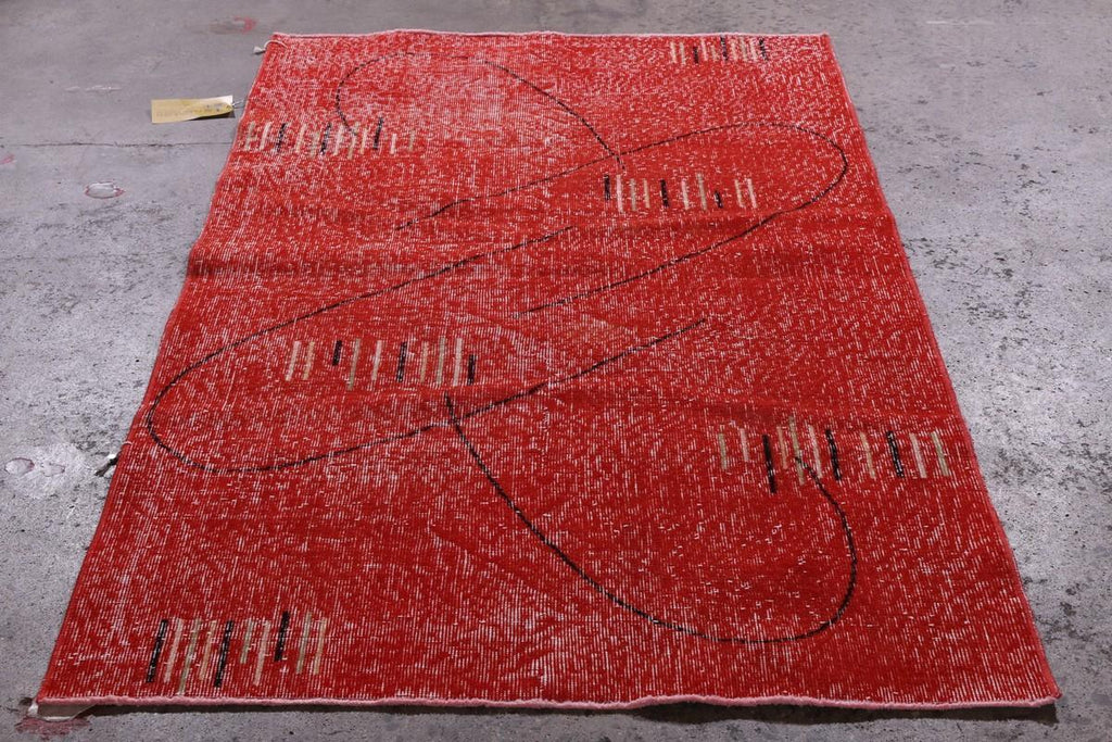 Vintage Mid Century Deco Geometric Red And Black Wool Rug 13765