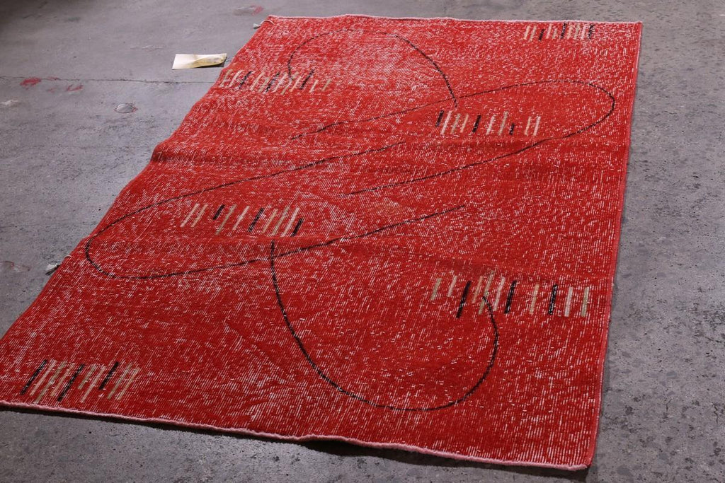 Vintage Mid Century Deco Geometric Red And Black Wool Rug 13765