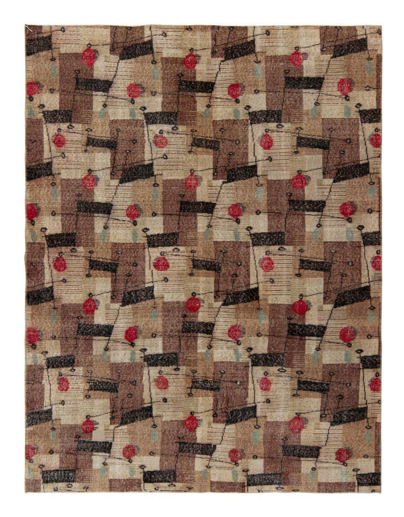 1960S Vintage Art Deco Rug In Beige-Brown, Black And Red Geometric Pattern