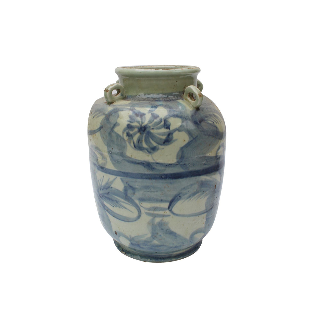 Blue And White Four Loop Handle Jar Twisted Flower Motif