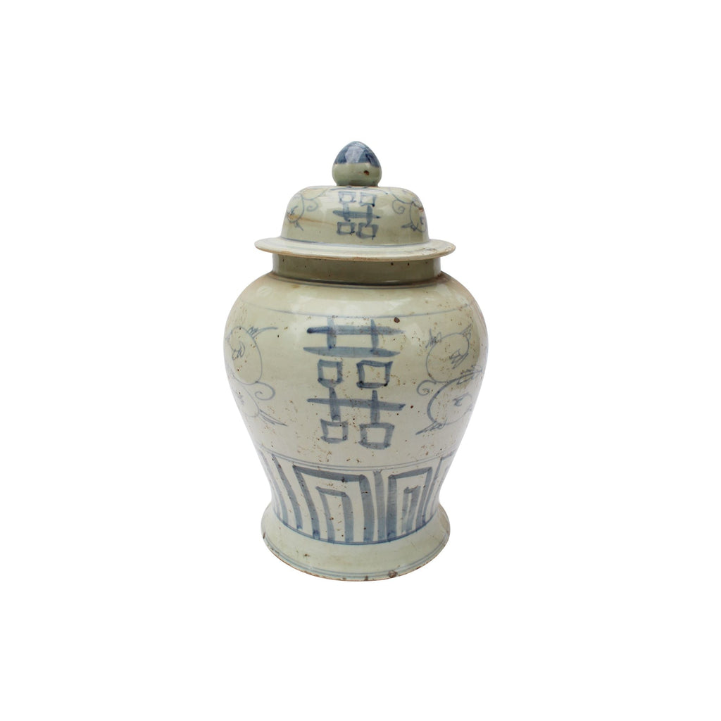 Blue and White Temple Jar Seagrass Double Happiness Motif