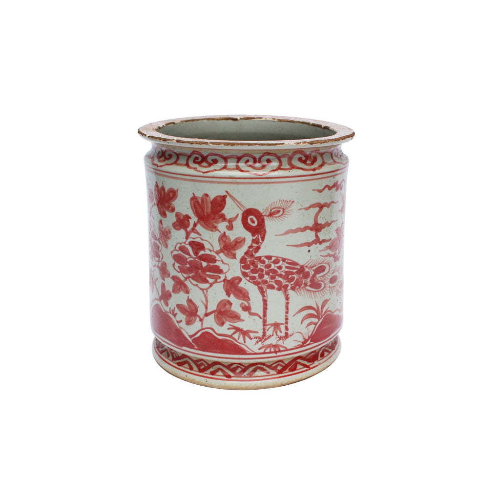 Coral Red Orchid Pot Bird Motif