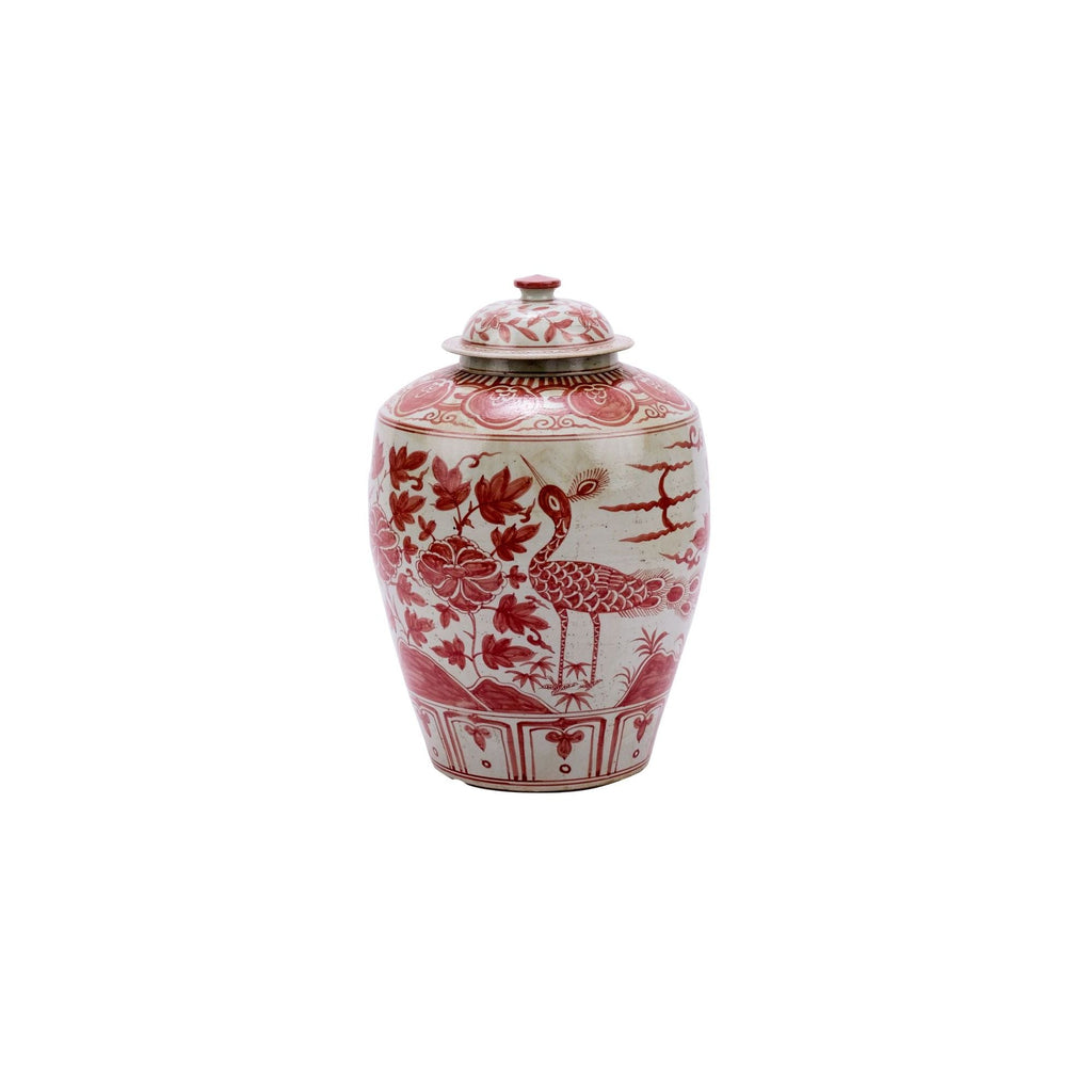 Coral Red Barn Jar Bird Motif Large