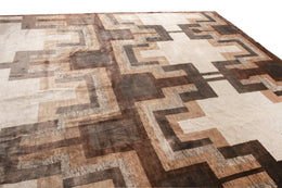 Art Deco Rug with Beige-Brown Geometric Pattern