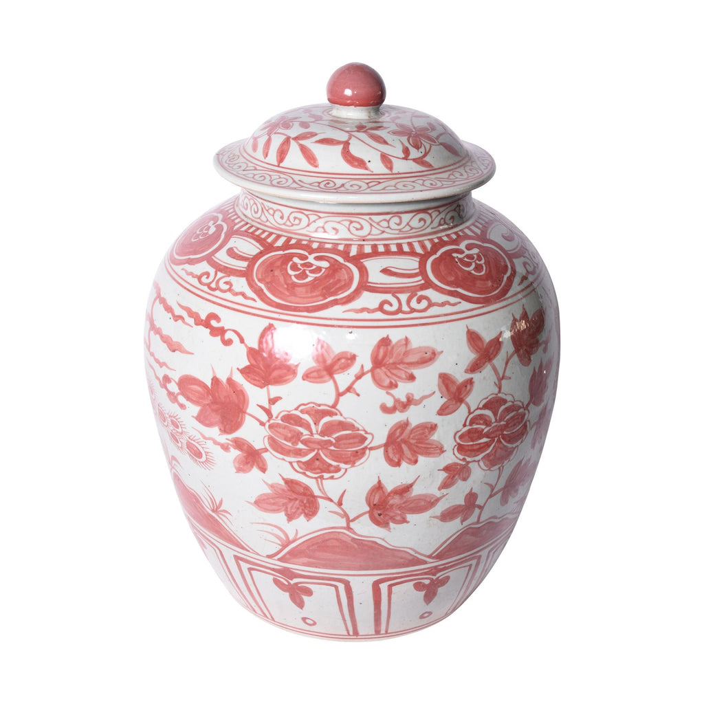 Coral Red Ginger Jar Bird Motif Large