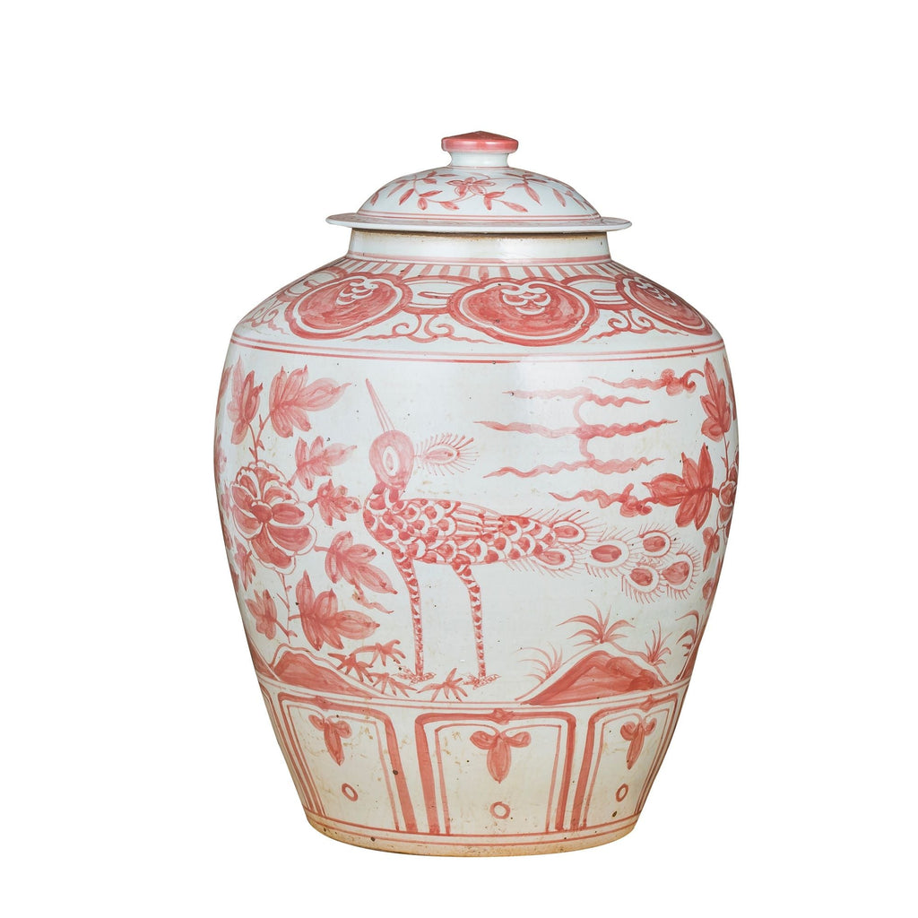 Coral Red Ginger Jar Bird Motif Small