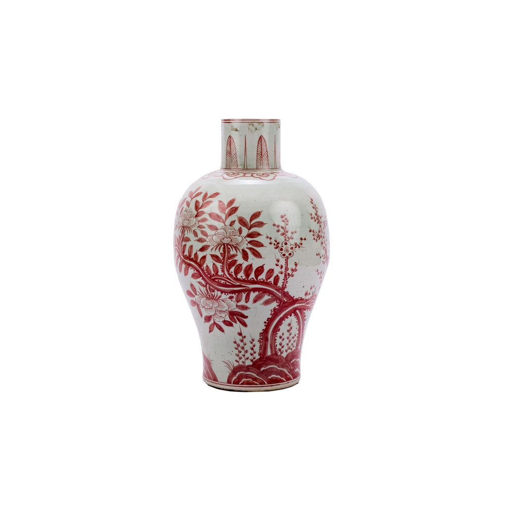 Coral Red Baluster Vase Plum Tree Motif