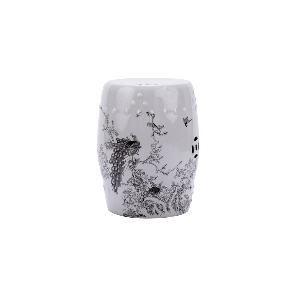 White Garden Stool Black Peacock Motif