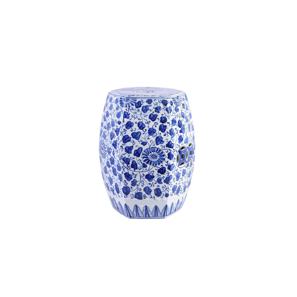 Blue and White Hex Garden Stool Grape Vines