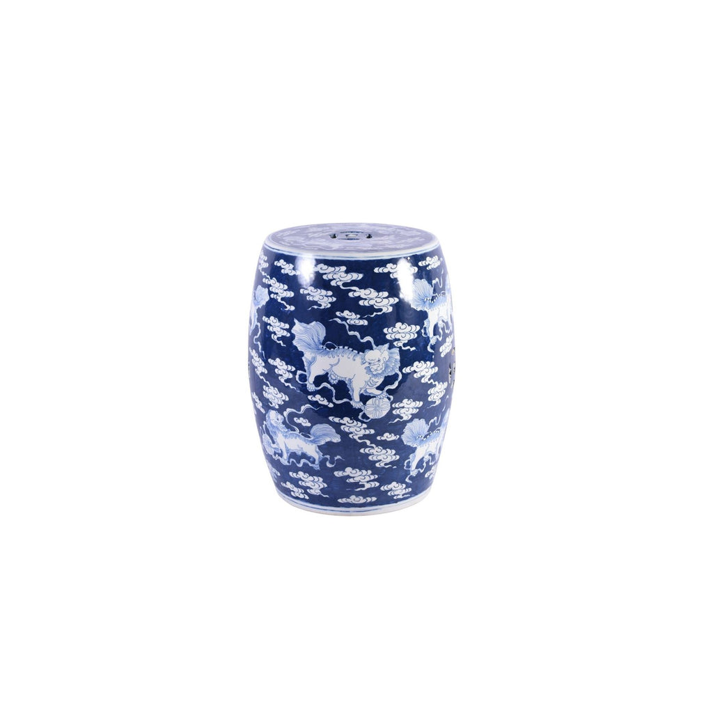 Blue Porcelain Garden Stool With White Lion Motif