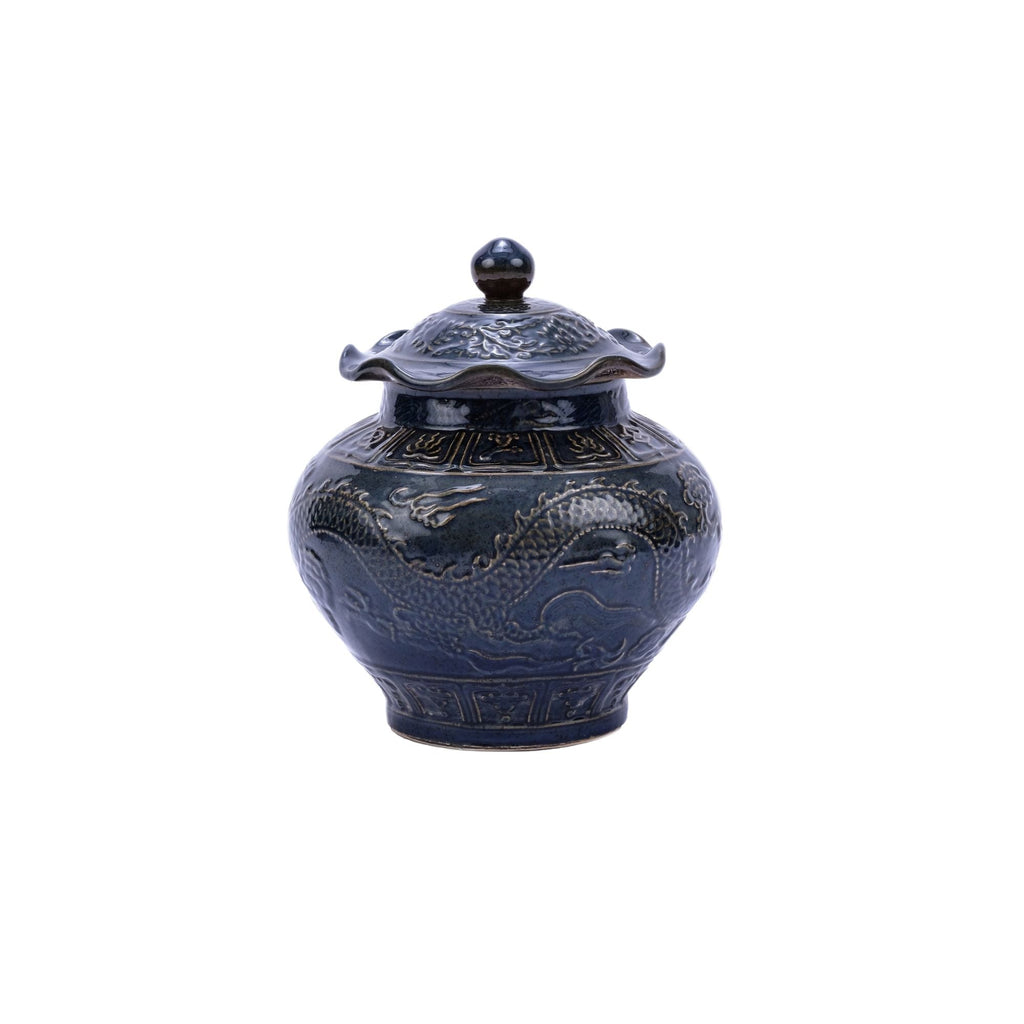 Carved Dragon Lotus Jar Speckled Indigo