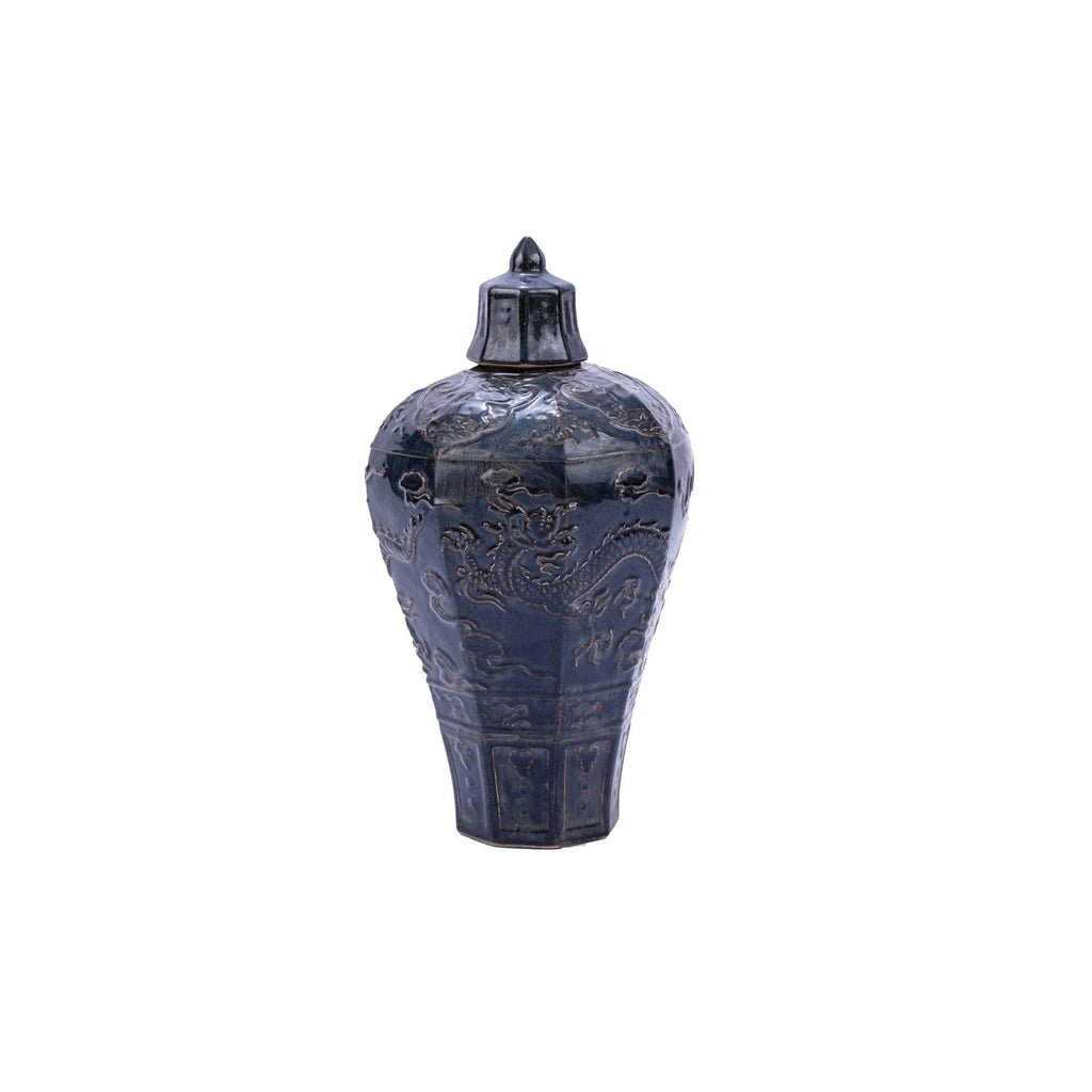 Carved Dragon Plum Vase Speckled Indigo