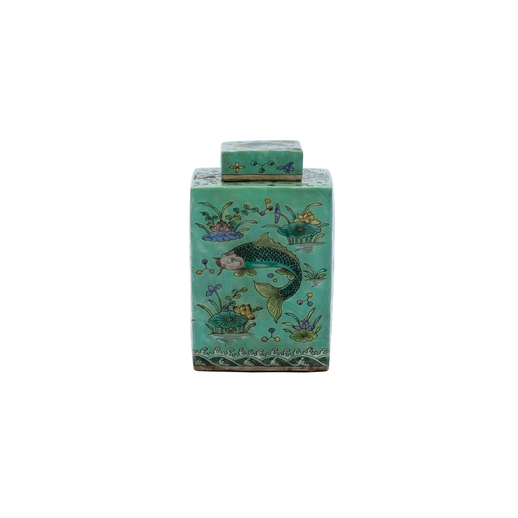 Green Square Tea Jar Fish Motif