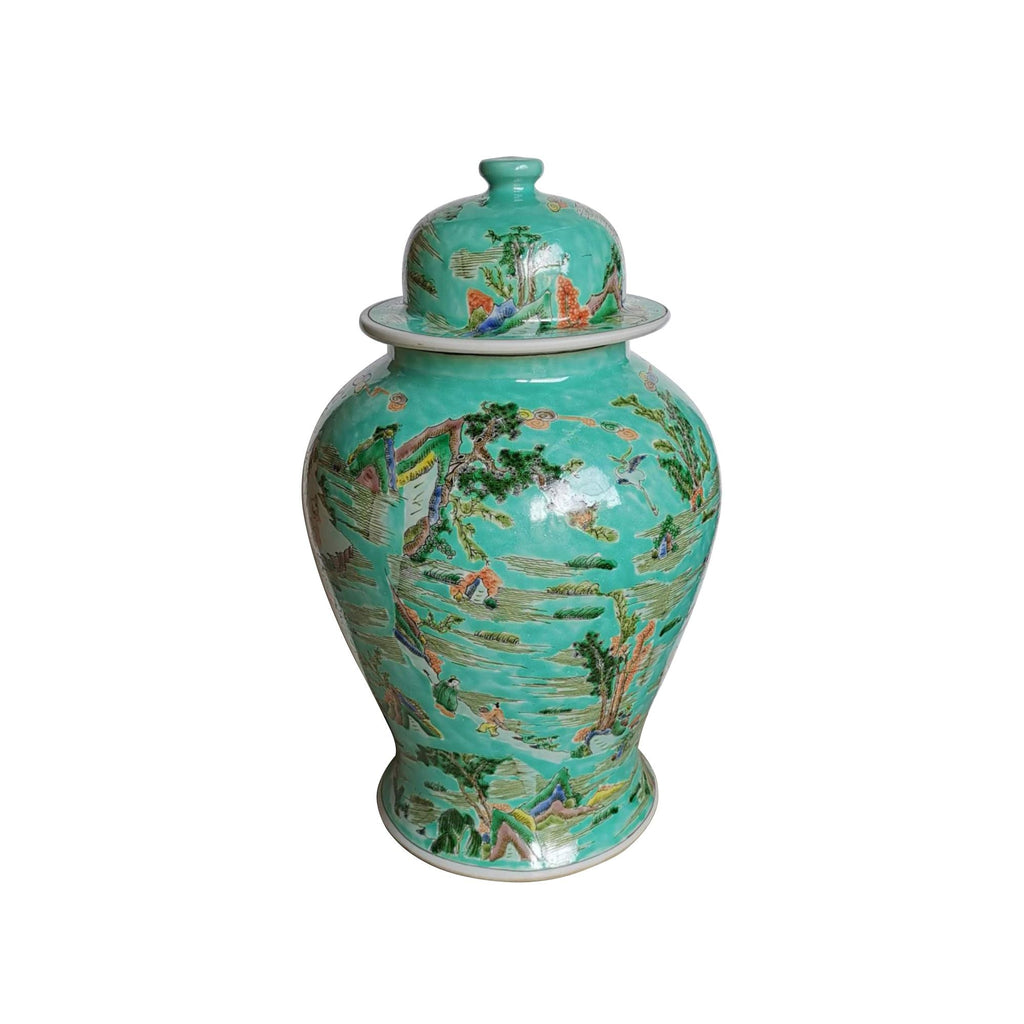 Chinoiserie Green Landscape Temple Jar