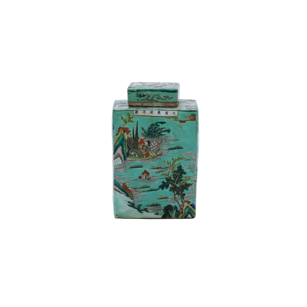 Green Square Tea Jar Landscape Motif