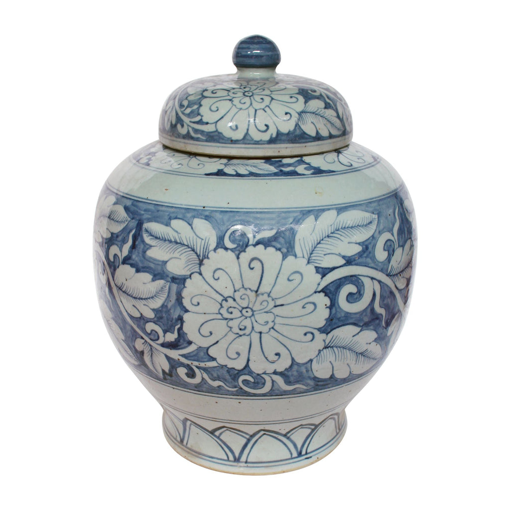 Blue And White Lidded Peony Jar