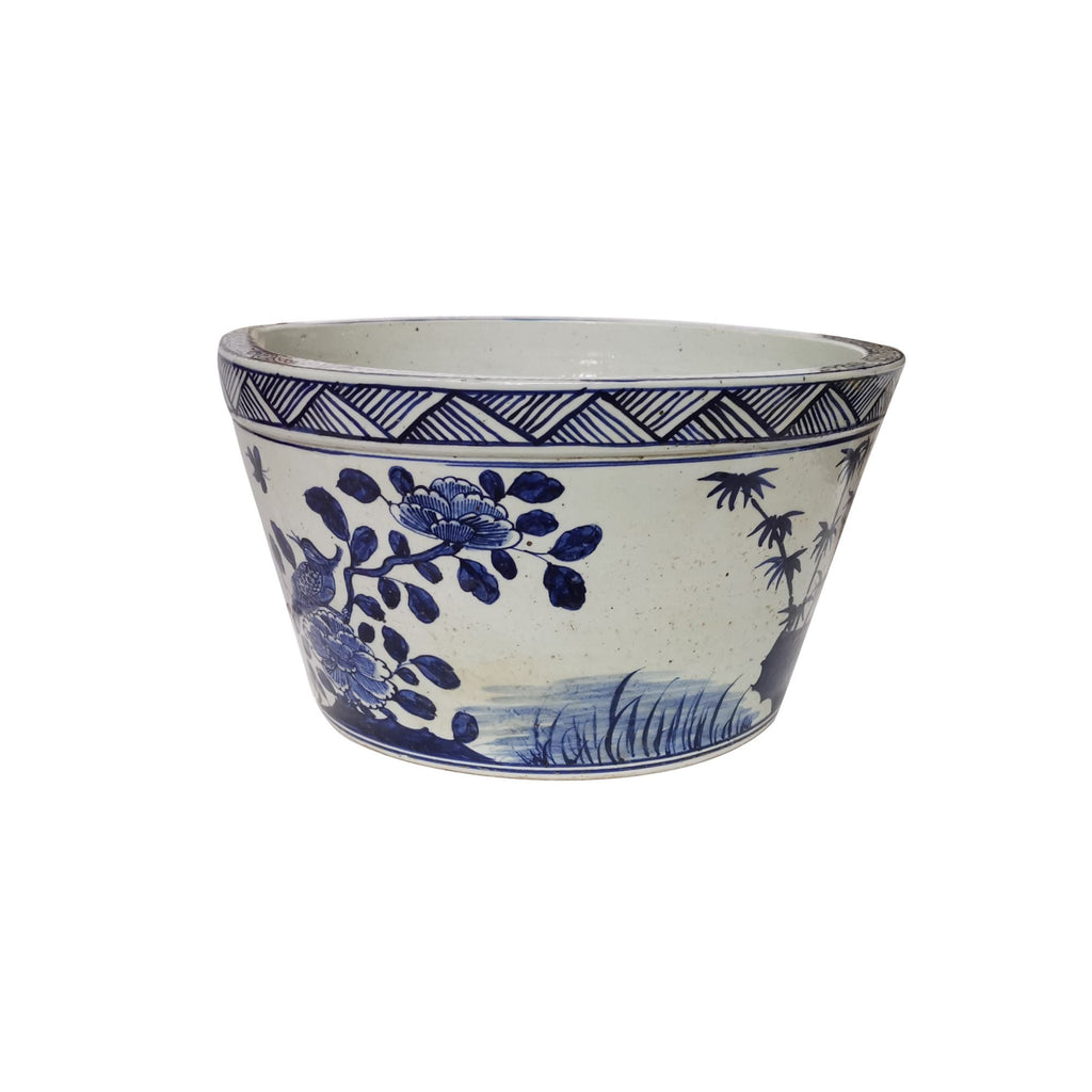 Blue And White Basin Planter Flower Bird Motif