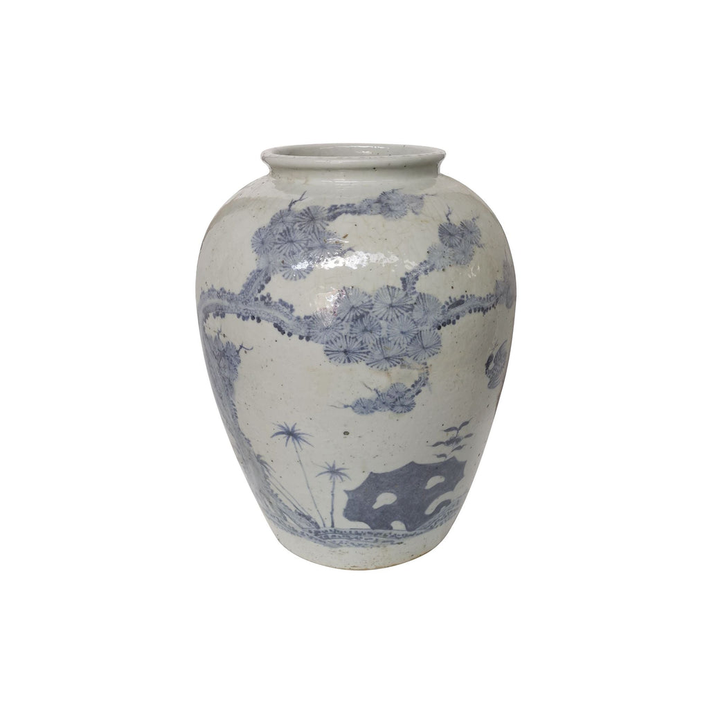 Blue And White Open Top Jar With Pine Deer Motif