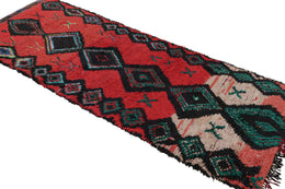 Vintage Mid Century Moroccan Geometric Diamond Red Green And Black Wool Shag Rug