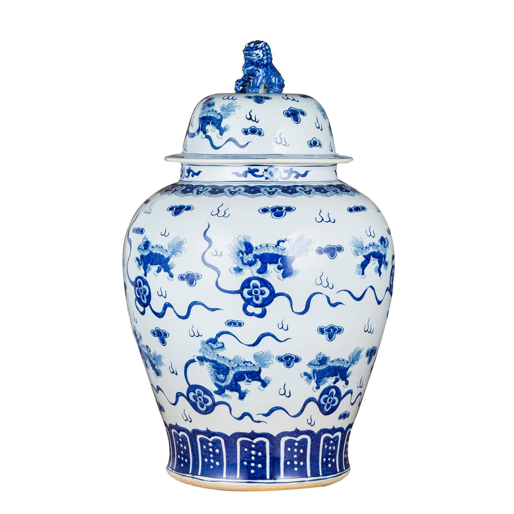 Blue and White Playing Foo Dog Temple Jar Lion Lid XL