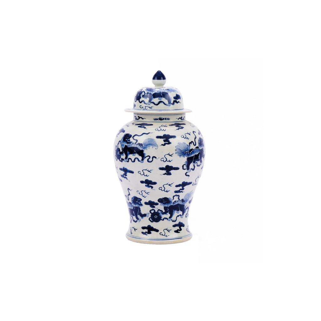 Blue and White Foo Dog Temple Jar 21H