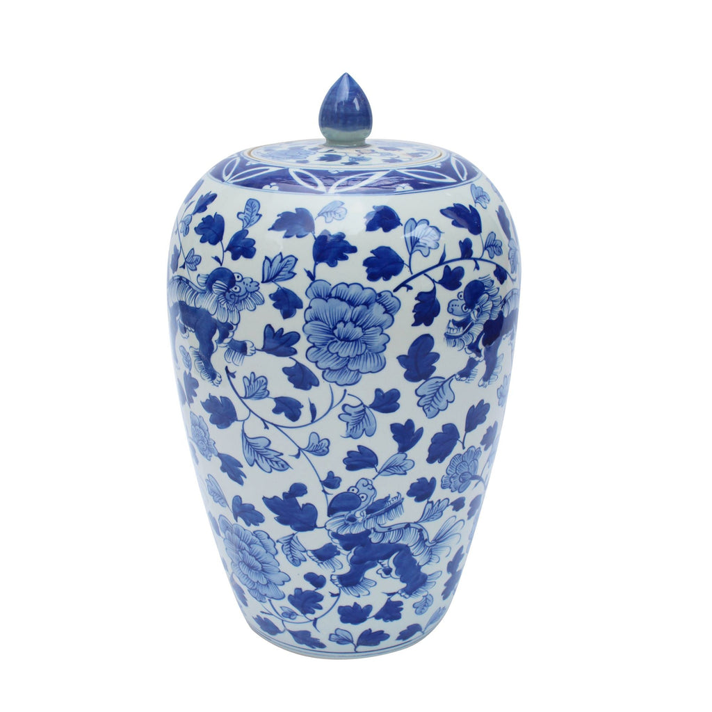 Blue and White Foo Dog Peony Lidded Ginger Jar