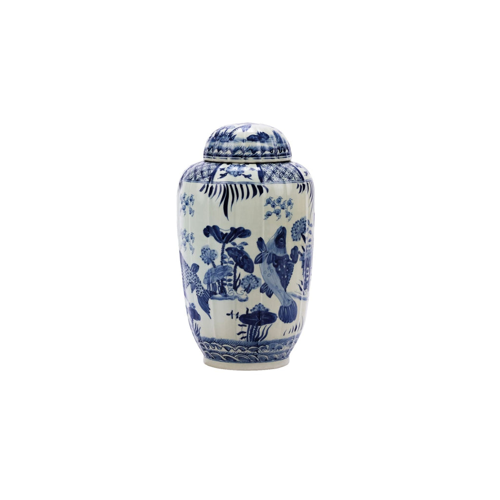 Blue And White Fluted Tea Jar Fish Large