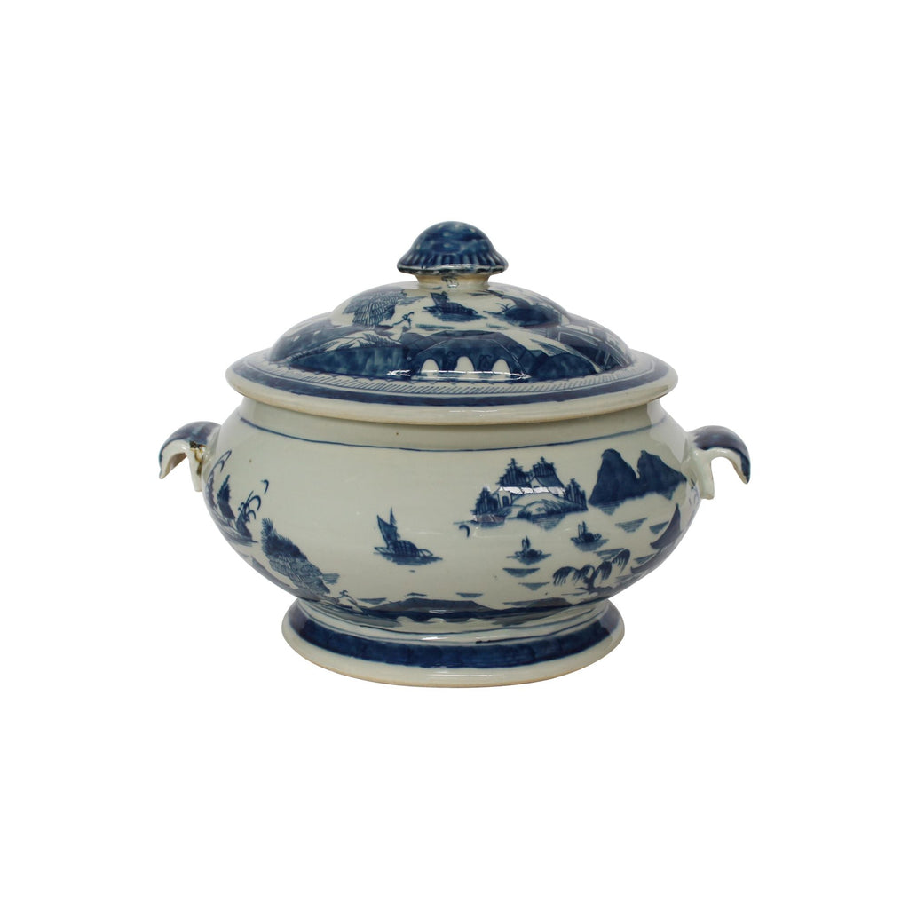 Blue And White Porcelain Oval Fruit Jar With Lid