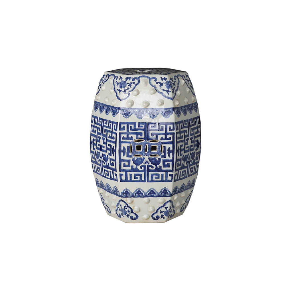 Blue and White Hex Geometric Garden Stool