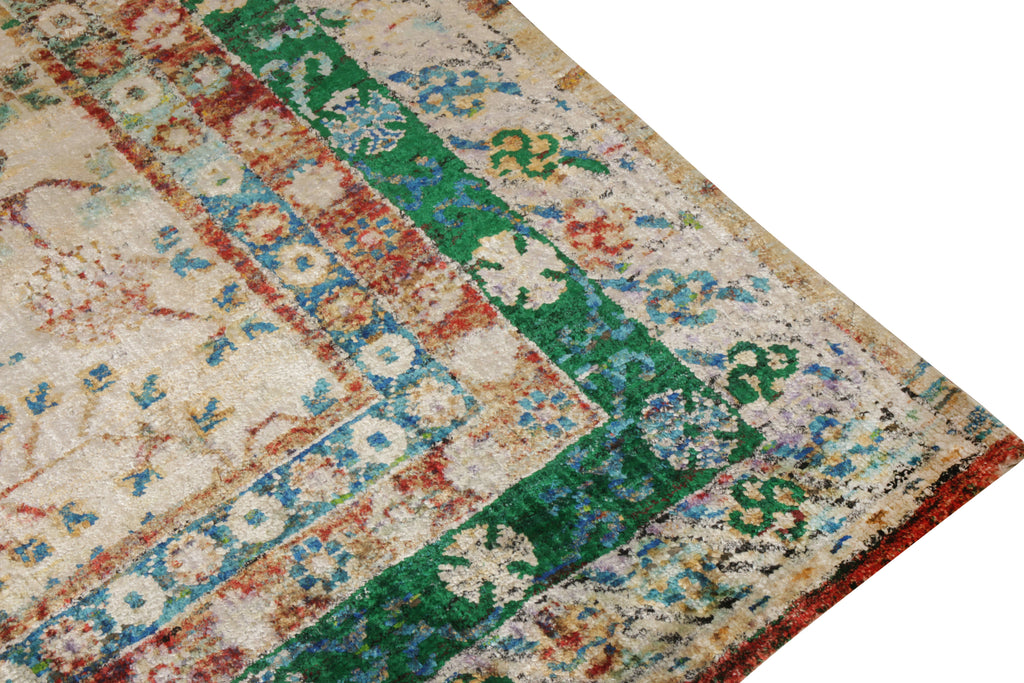 Khotan Style Modern Rug In Green, Beige-Brown Pomegranate Pattern - 15188