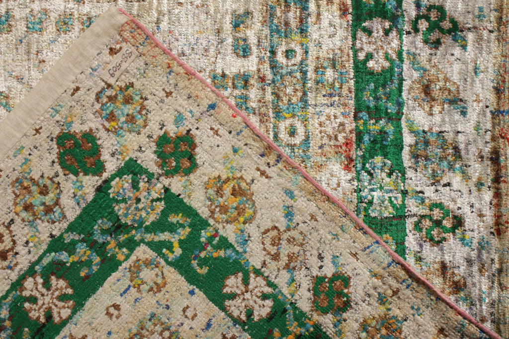 Khotan Style Modern Rug In Green, Beige-Brown Pomegranate Pattern - 15188