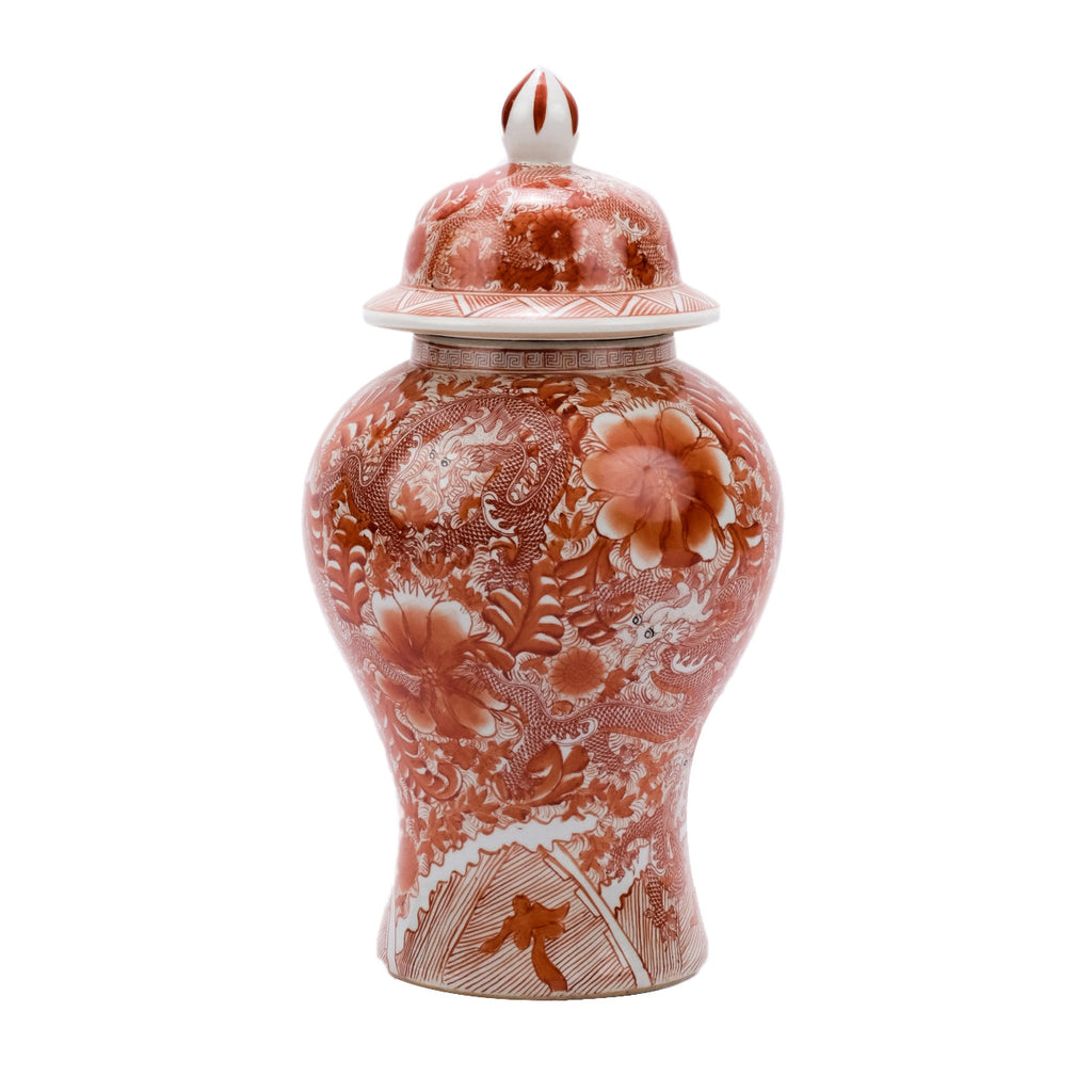 Orange Temple Jar with Dragon and Floral Motif Large