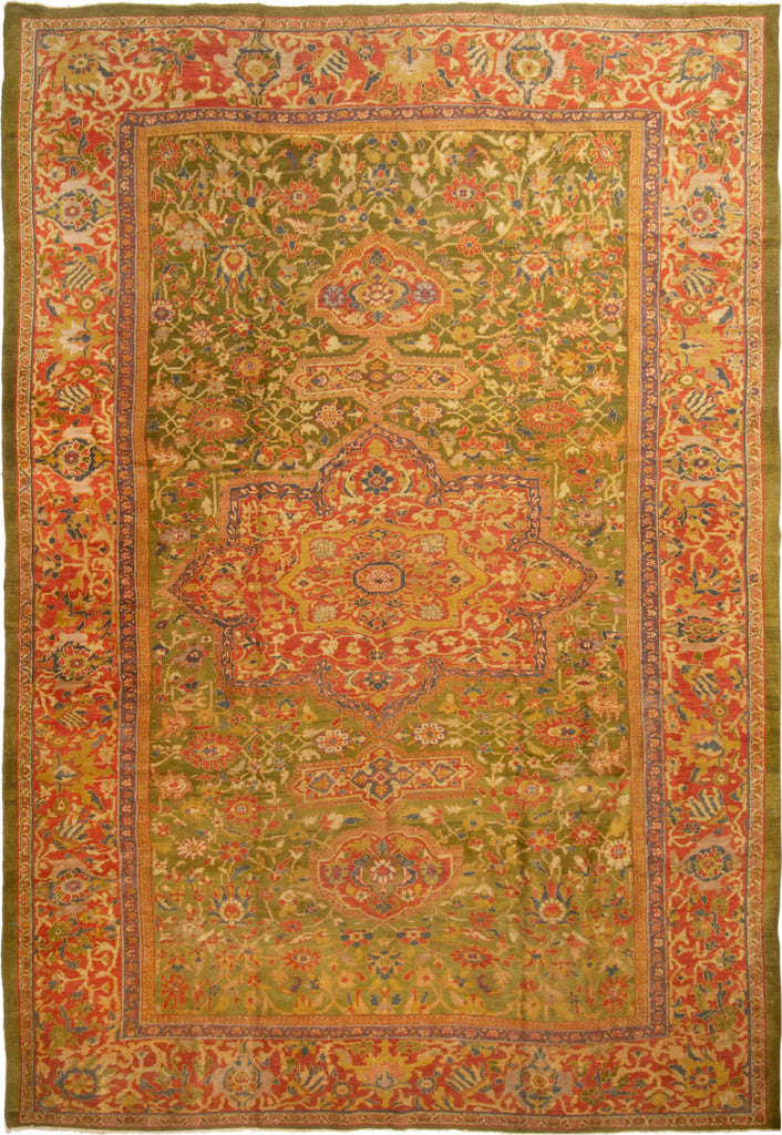 Antique Sultanabad Geometric Floral Red And Green Wool Rug - 15241