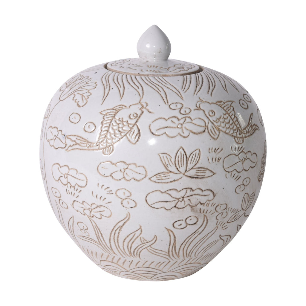 Matte White Carved Fish Melon Jar