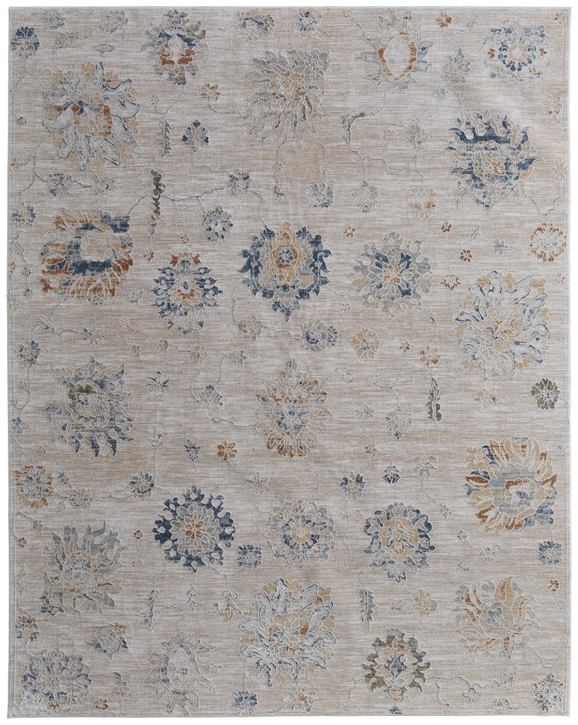 Pasha Transitional Floral Botanical Taupe Ivory Blue Area Rug (7'10" x 10'3")