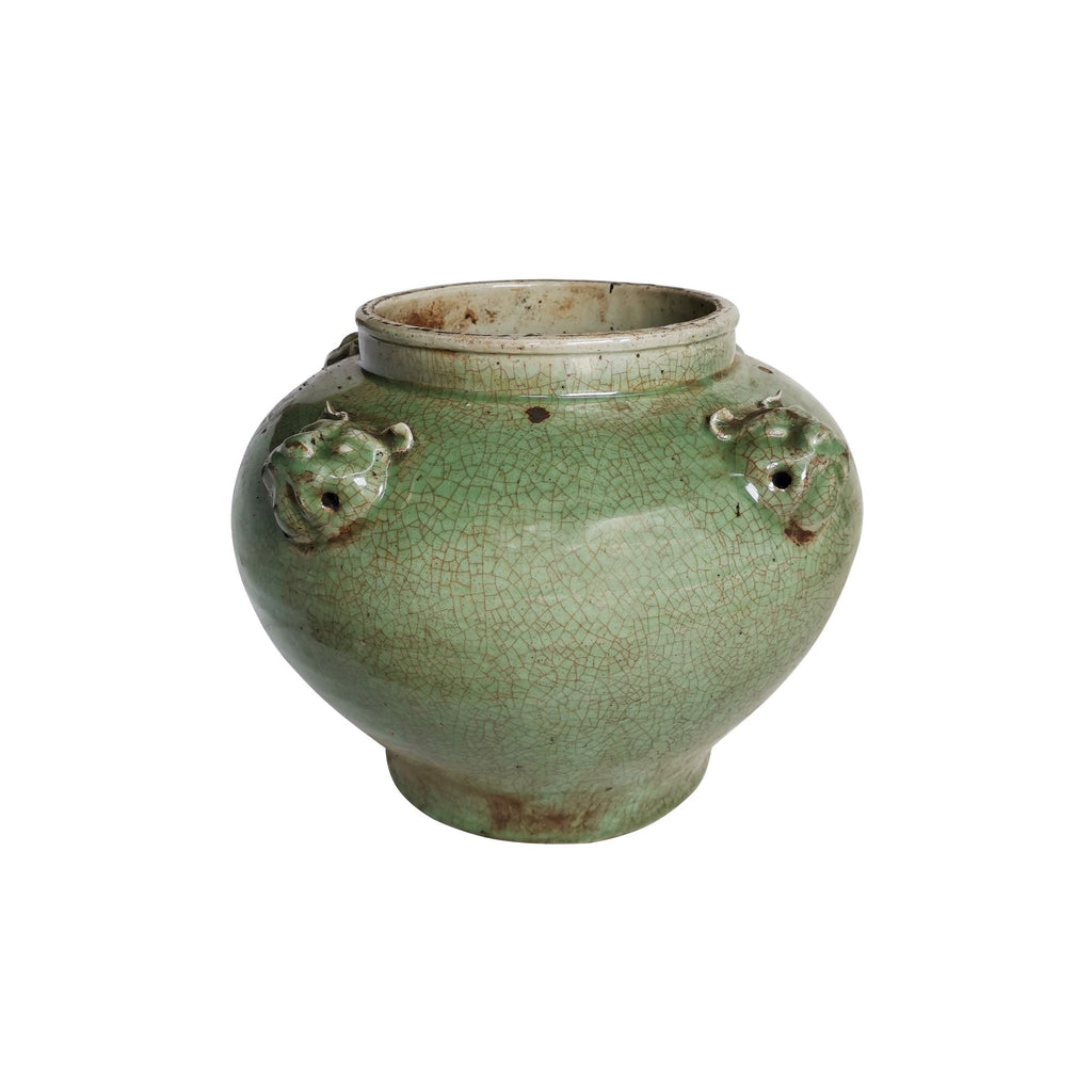 Four Lion Head Handle Jar Celadon Crackle