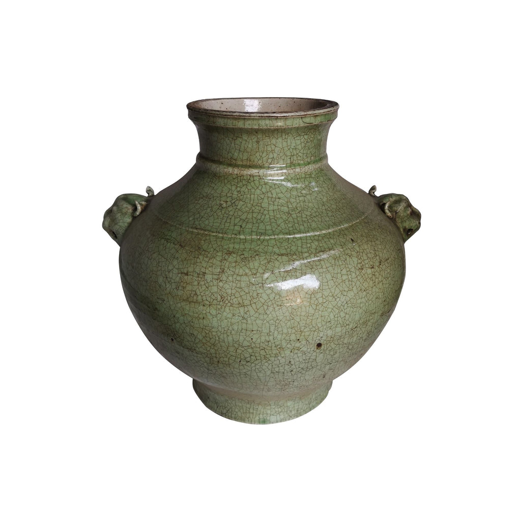 Double Lion Head Handle Jar Celadon Crackle