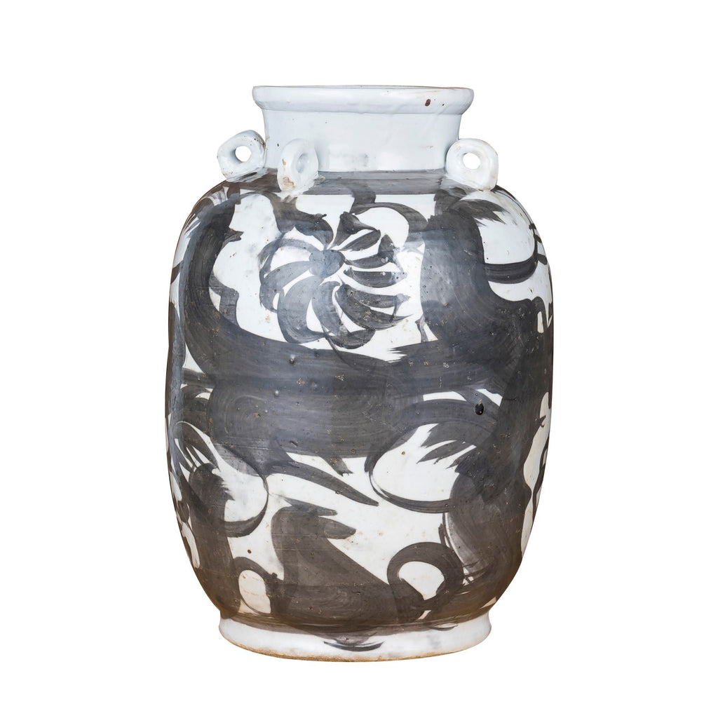 Black Four Loop Handle Jar Twisted Flower Motif