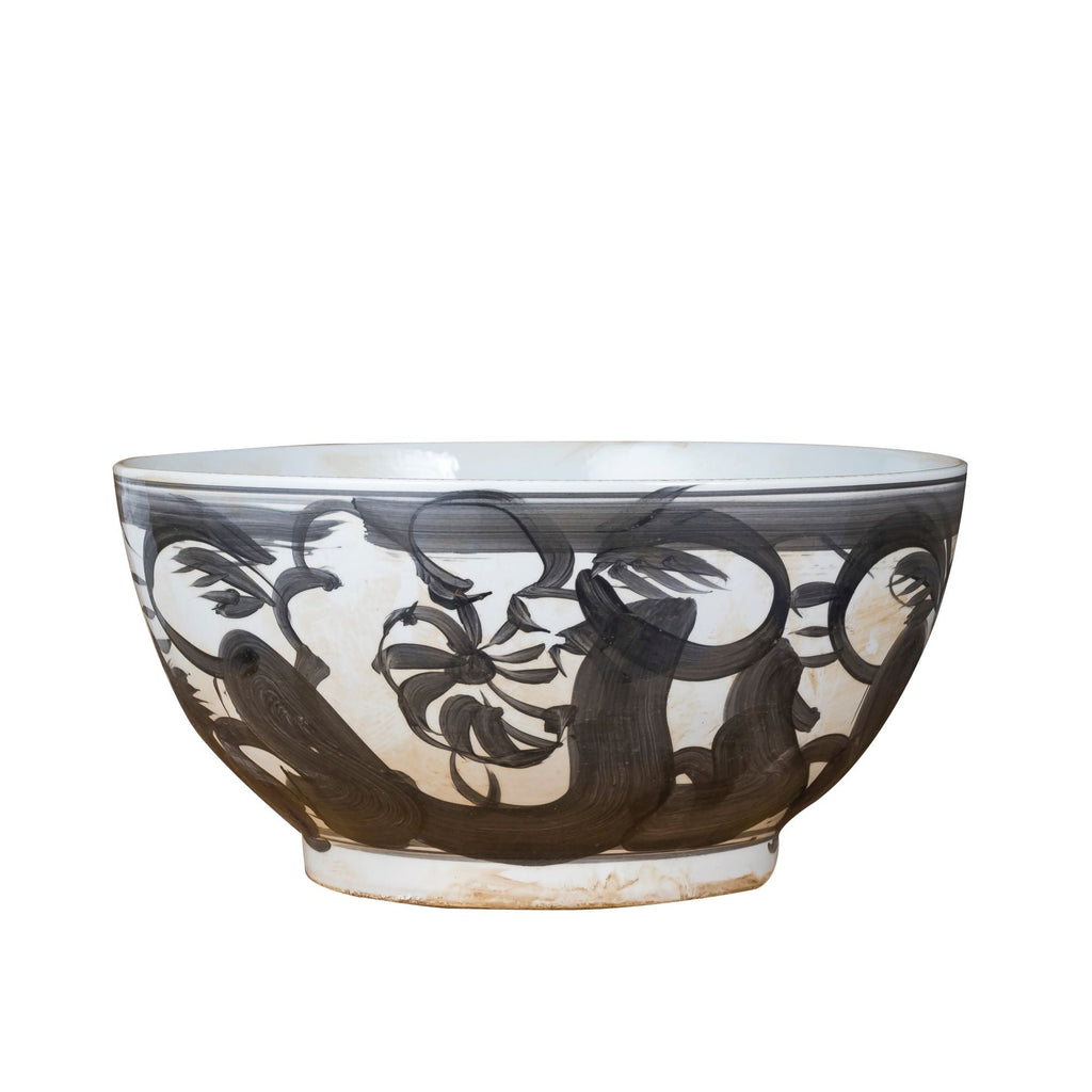 Black Porcelain Bowl Twisted Flower Motif