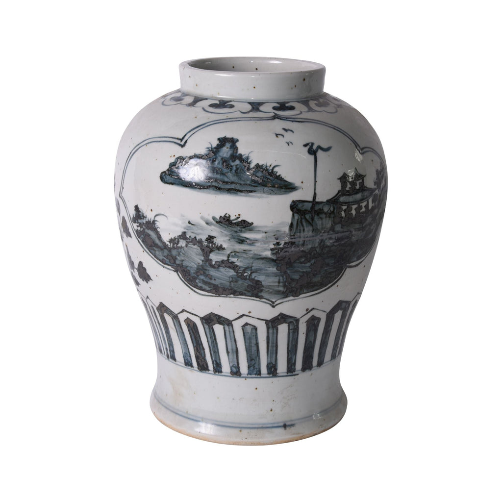 Blue And White Landscape Medallion Open Top Jar